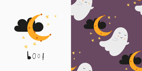 Happy Halloween seamless pattern and print with symbols of Halloween – Cute Ghost, Moon. Greeting card and wrapping paper set. T-shirt print and kids fabric design. Vector illustration