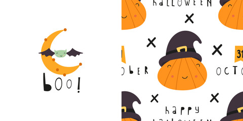 Happy Halloween seamless pattern and print with symbols of Halloween – Cute Pumpkin. Greeting card and wrapping paper set. T-shirt print and kids fabric design. Vector illustration