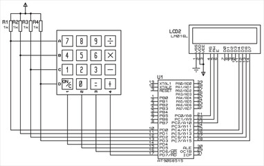The vector  electrical schematic diagram of a digital
information output device,
operating under the control of an AVR microcontroller.
Vector drawing of an electronic device in a1 format.