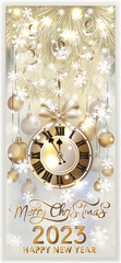 Happy Merry Christmas, New 2023 year card with golden clock, vector illustration