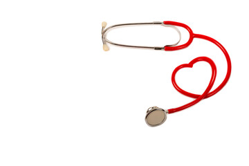 Red heart Stethoscope isolated on white with copy space. Doctor object, equipment supplies, heart shape, close up. Medical and cardiology concept. Studio shot. Banner space mock up for adding text.