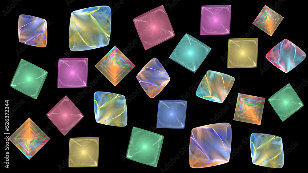 Poster fractal, an abstract pattern of multicolored precious crystals highlighted on a black background
