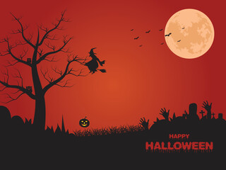 Fototapeta premium Halloween party bats flying at moon night with trees and pumpkins