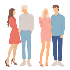 Obraz premium Set of young men and women, different colors, cartoon character, group of silhouettes of standing business people, students, the design concept of flat icon, isolated on white background