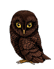 Vector color owl isolated on white background, graphical brown night bird,illustration.Symbol of knowledge 