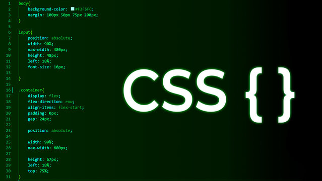 css code on dark background in code editor and word CSS, Banner for CSS programming, CSS inscription against and code background, Cascading Style Sheets
