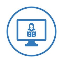 Online, book, reading, learning icon. Blue vector sketch.