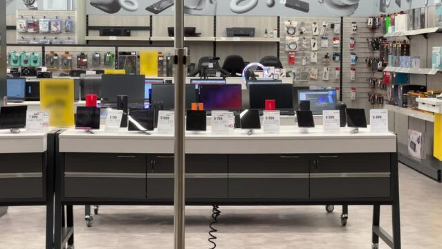 Showcase and counter of portable electronics, gadgets and accessories store