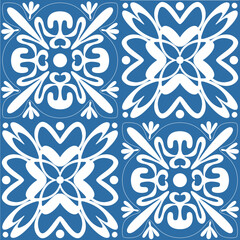 Retro motif of Azulejo ceramic tiles for decoration. Blue vector illustration