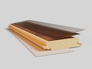 Left view to show all the components and layers of the laminate. Protective layer and base layer of building material. Finishing and repair. 3d rendering.