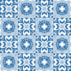 Azulejo ceramic tiles for interior decor, blue indigo geometric vector Illustration