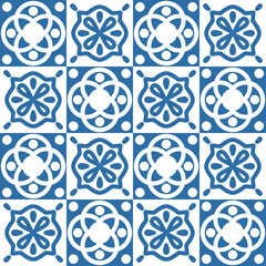 Azulejo ceramic tiles retro motif for interior decor, blue indigo geometric