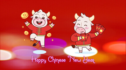 Illustration with partying goats isolated on a red bokeh background.  Text 'Happy Chinese New Year'.