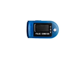 Digital pulse oximeter isolated on transparent background. Diagnostic and healthcare concept. Overhead view. 