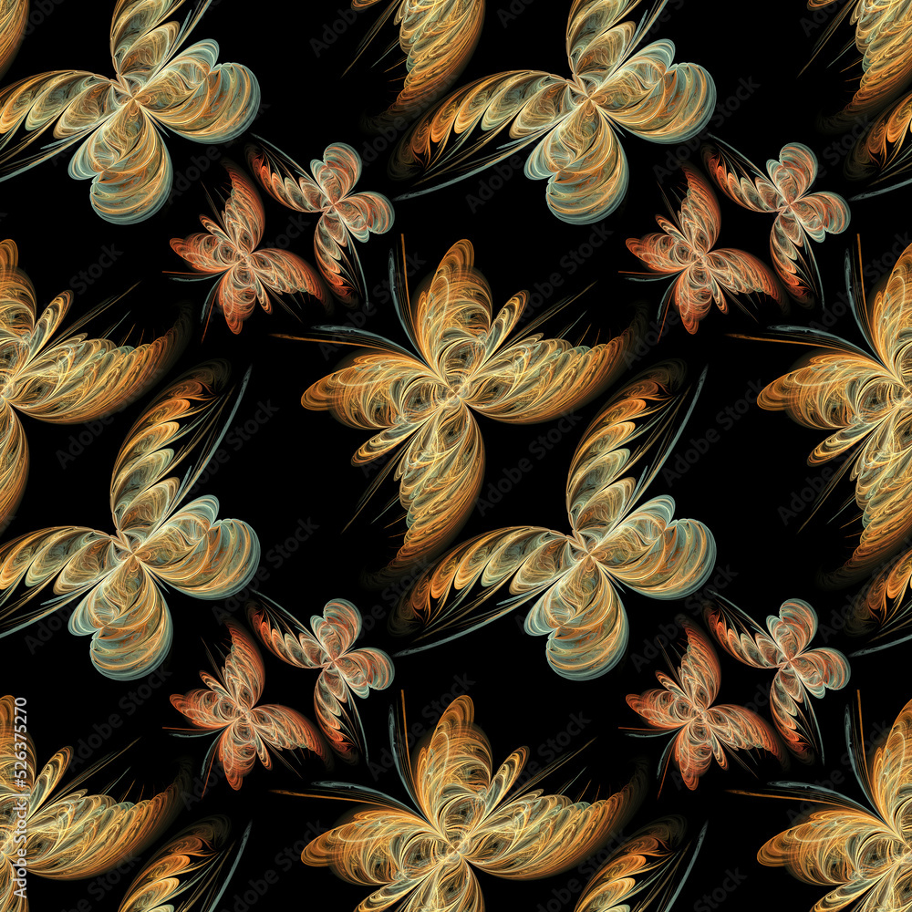 Poster fractal, seamless abstract pattern with butterflies on a black background