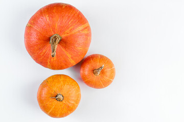 Three ripe pumpkins on white background. Autumn harvest. Thanksgiving and halloween symbol.