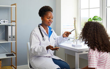 Female doctor tells preteen girl about spinal curvature and prevention of back and skeletal problems. Child listens to professional dark-skinned doctor who loves her anatomical model of the spine. - obrazy, fototapety, plakaty