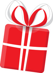 Red gift box illustration with red and white bow, flat 