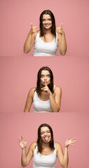 Obraz na płótnie Canvas Collage of happy emotions. Set of three portraits of young brunette girl with positive emotions. Female feelings. Young woman in white t-shirt grimacing on camera on pink background.