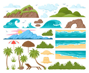 Cartoon beach landscape elements, tropical view constructor. Beach, ocean or sea waves, tropical palms, mountains green trees flat vector illustrations set. Summer beach constructor