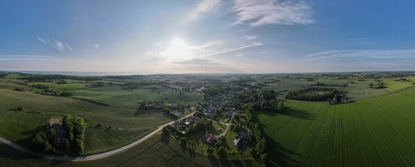Panorama of a village in Denmark from a drone view on a summer afternoon