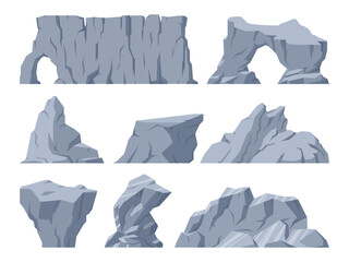 Cartoon rock stones, heavy grey gravel stones. Mountain rocks, cobblestones and boulders flat vector illustrations collection. Gray rock stones set