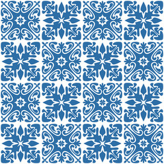 Floral motif for ceramic tiles in Spanish Azulejo style, retro blue vector Illustration
