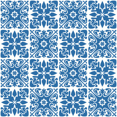 Floral motif for ceramic tiles in Spanish Azulejo style, retro blue vector Illustration