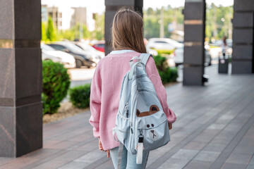 A rear view of schoolgirl girl with a backpack. Back to school. Education, school concept.