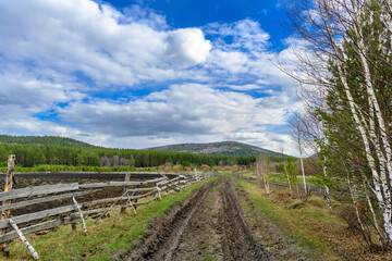 Fototapeta na wymiar South Ural farm, wooden fence and arable land with a unique landscape, vegetation and diversity of nature.