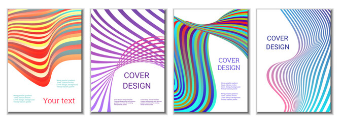 Obraz premium A set of 4 abstract covers. Wavy parallel gradient lines, ribbons evolve. Cover design, background. Trendy banner, poster.