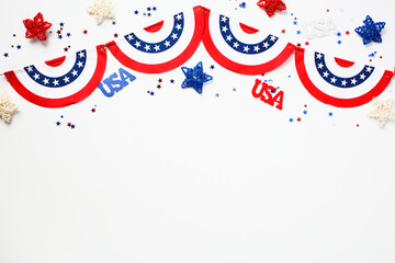 Happy American Independence Day, Labor Day, Columbus day composition. Red white and blue garland, USA decorations, stars, confetti isolated on white background.