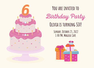 Cute birthday cake and gifts. Birthday invitation for girl. 6 years.