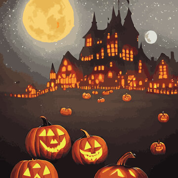 Halloween spooky graveyard flat vector background. Scary haunted house at night cartoon illustration. Horror moon, pumpkins and tombstones creepy backdrop.