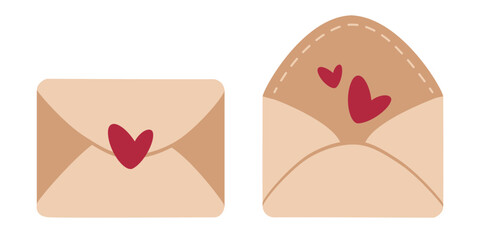 Universal envelope templates for letters of congratulations. Vector freehand drawing in a simple modern style. Envelope with a heart, vector isolate.