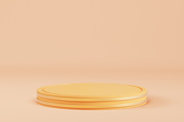 Abstract minimal background. Orange cylindrical pedestal with golden rings for product display