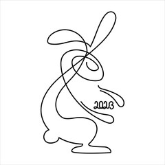Continuous line drawing rabbit or bunny, symbol Chinese new year. 2023 year. Animal with numbers drawn by one line. Sketch. Logo element. Isolated on white background. Cute vector illustration.