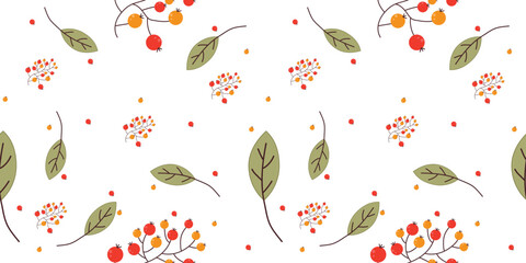 Autumn seamless template with autumn leaves, berries and in a fashionable style. Background of leaves, and rowanberries for fabric, wallpaper or gift wrap vector print