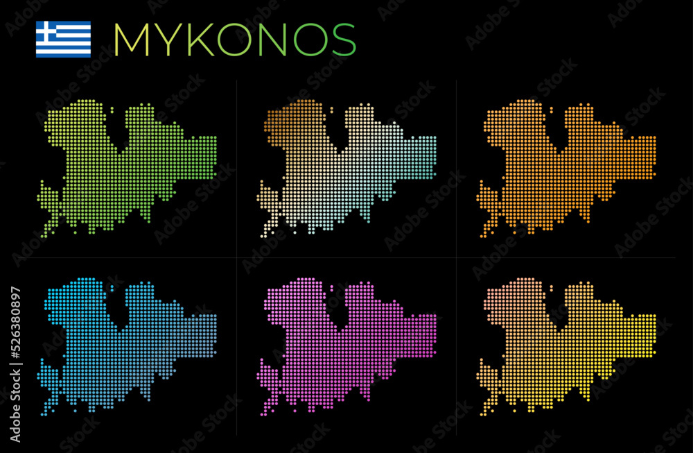 Poster mykonos dotted map set. map of mykonos in dotted style. borders of the island filled with beautiful 