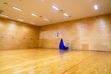 Light basketball gym with movable basket without people