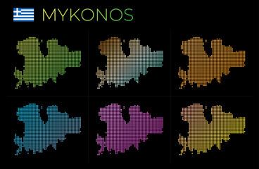 Mykonos dotted map set. Map of Mykonos in dotted style. Borders of the island filled with beautiful smooth gradient circles. Vibrant vector illustration.
