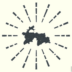 Tajikistan Logo. Grunge sunburst poster with map of the country. Shape of Tajikistan filled with hex digits with sunburst rays around. Beautiful vector illustration.