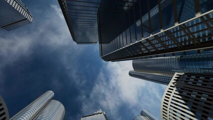 The business center camera climbs sharply upward along the mirrored high-rise buildings  animation has an alpha channel