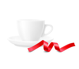 Realistic ceramic white cup with red ribbon. Vector illustration isolated on white background, ready and simple to use for your design. EPS10.	