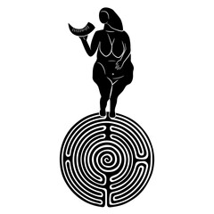 Paleolithic fertility goddess standing on a round spiral maze or labyrinth symbol. Venus of Laussel. Creative concept. Black and white silhouette. © Olena