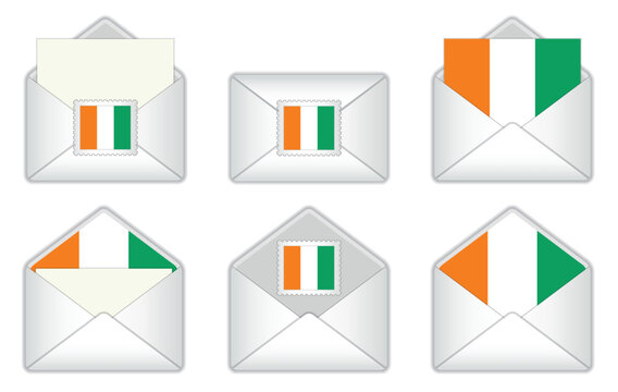 Ivory Coast flag in the envelope. Ivorian stamp flag. Opened, closed  Ivorian letter, isolated on white background.