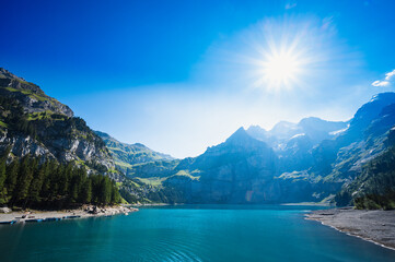 Naklejka premium Oeschinensee on a sunny summer day in Switzerland, Kandersteg