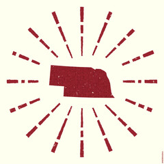 Nebraska Logo. Grunge sunburst poster with map of the us state. Shape of Nebraska filled with hex digits with sunburst rays around. Captivating vector illustration.