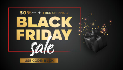 Black Friday Sale Promotion Poster or banner with an   gift concept. Special offer 50% off sale in  red and gold style. Black Friday promotion. 