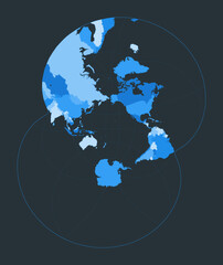 World Map. Modified stereographic projection for the Pacific ocean. Futuristic world illustration for your infographic. Nice blue colors palette. Authentic vector illustration.